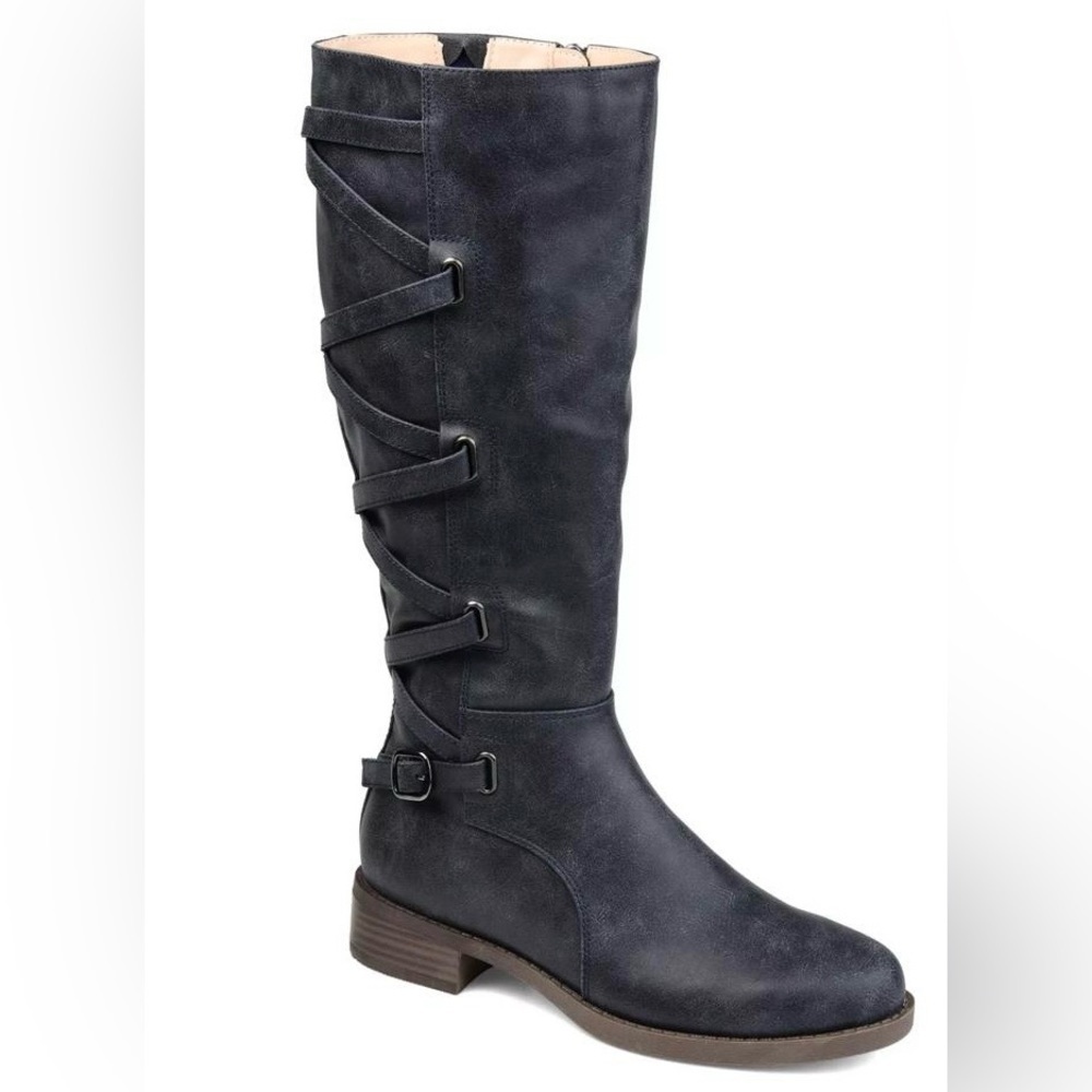 Journee Collection Womens Carly WideCalf Stacked Heel Riding boots Size 7 navy